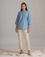 Dusty Blue Top & Beige Pant Set